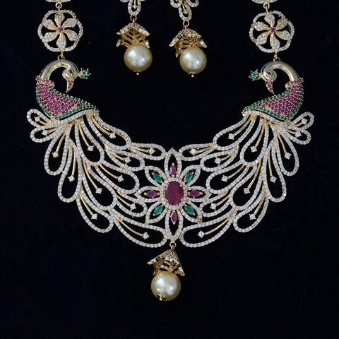 Gold Plated American Diamond Long Wedding Jewelry set| Indian Wedding necklace Earring Set| Peacock Pendant and Jhumka set| Gift for her