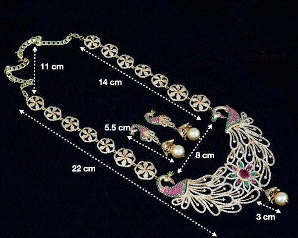 Peacock Designed Ruby,Emerald Rhinestone Long Chain Bridal Bollywood Necklace Wedding Jewelry