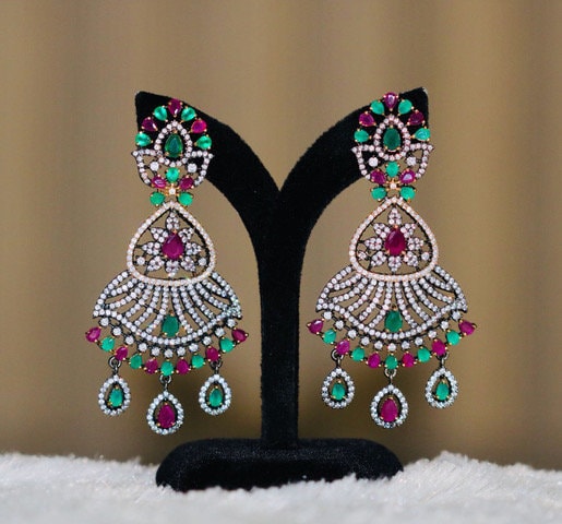 Two Tone Silver Golden Plated Antique Finish Oxidized Earrings with Clear Stones