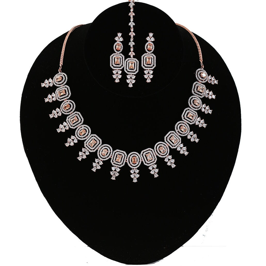 Rose Gold American Diamond Yellow Topaz Necklace Mang Tikka set |Wedding Gift| Stylish Bridal choker Jewelry|Emerald, Ruby and Topaz stones