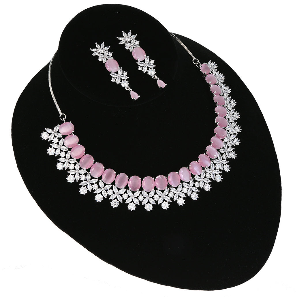 Baby Pink American Diamond Wedding jewelry in Silver Finish | Bollywood trendy fashion