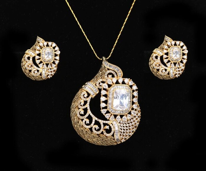 Women's Unique Handcrafted Golden Look Indian Designed Pendant Set with White Stones jewelry
