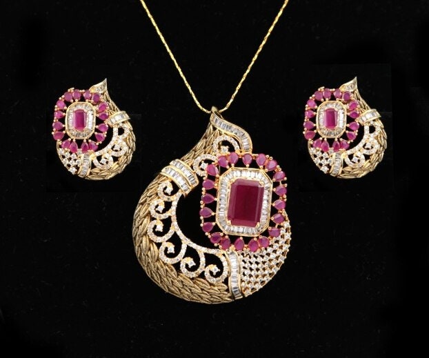 Women's Unique Handcrafted Golden Look Indian Designed Pendant Set with White Stones jewelry