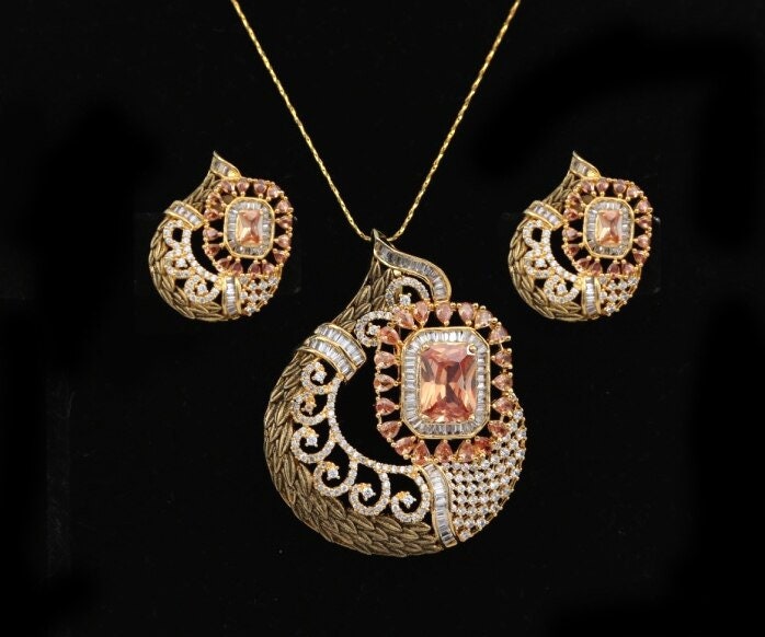 Women's Unique Handcrafted Golden Look Indian Designed Pendant Set with White Stones jewelry