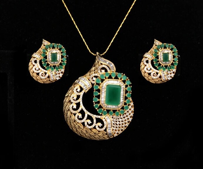 Women's Unique Handcrafted Golden Look Indian Designed Pendant Set with White Stones jewelry