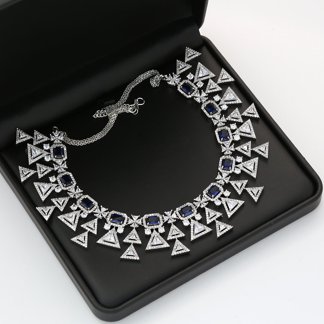 CZ Silver American Diamond Trendy Indian Wedding Jewelry Necklace| Bollywood Bridal set| Blue Statement necklace Earring Set| Gift for her
