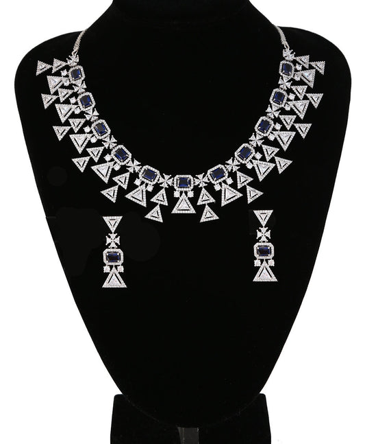 CZ Silver American Diamond Trendy Indian Wedding Jewelry Necklace| Bollywood Bridal set| Blue Statement necklace Earring Set| Gift for her