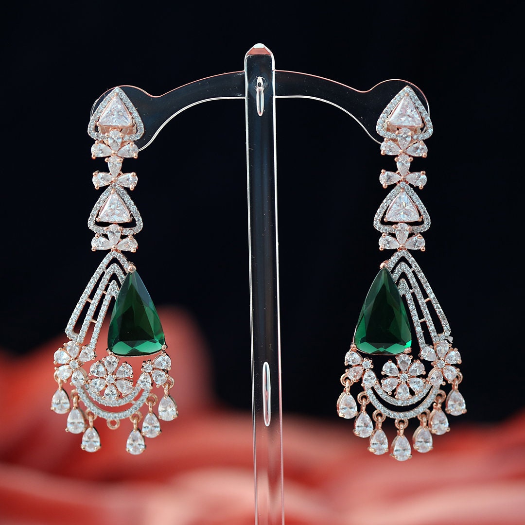 Rose Gold Emerald Chandbali Earrings| 3.5" Long CZ Diamond Floral Drop Earrings| Statement Dangle Earrings in Pink, Blue,Green| Gift for Her