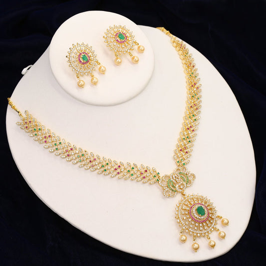 Ruby Emerald CZ AD American Diamond Bollywood Style South Indian Costume Traditional Bridal Necklace Earrings Jewelry