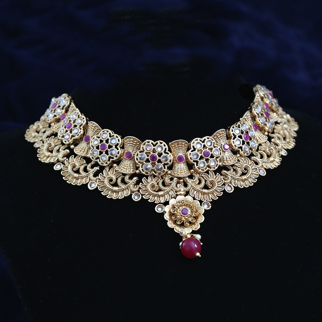 Gorgeous Statement Indian Bollywood Antique Gold Ruby AD CZ Stone Necklace Jewellery Set|Flower Designed Choker necklace|Collar Necklace