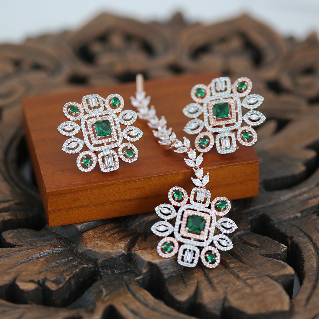 Floral American Diamond CZ Rose Gold Plated Fashion Tops Clip on Earrings with Tikka|Indian Wedding Jewelry|Women's Fashion Earrings