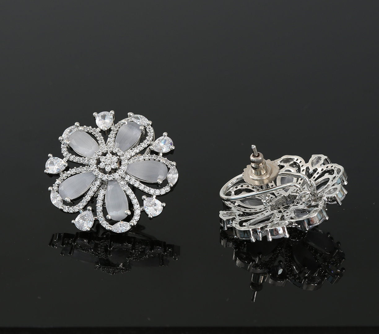 Rhodium Plated American Diamond and CZ Floral Design Fashion Clip on Stud Tops|Flower Shape Ladies Fashion Stud Earrings|Indian Jewelry
