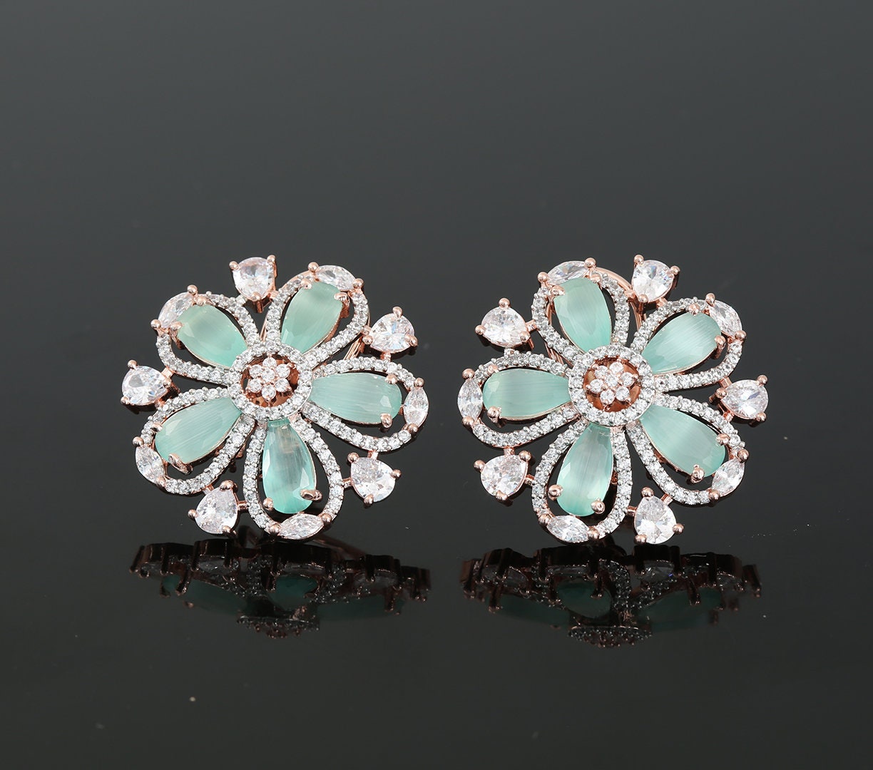 Rose Gold Plated American Diamond and CZ Floral Design Fashion Clip on Stud Tops|Wedding Earrings|Traditional Indian Bollywood Stud Earrings