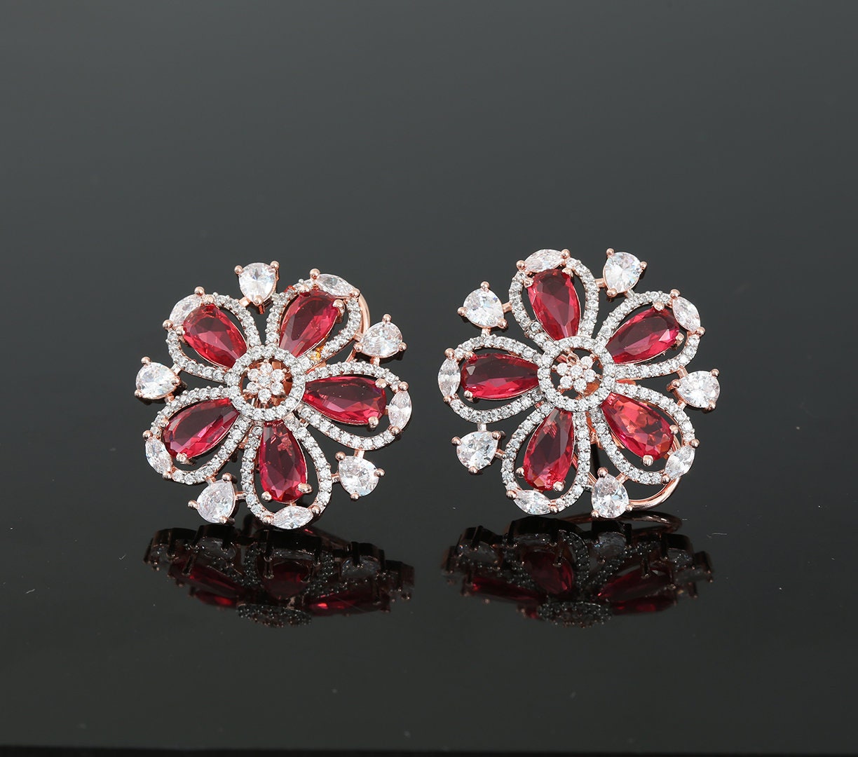 Rose Gold Plated American Diamond and CZ Floral Design Fashion Clip on Stud Tops|Wedding Earrings|Traditional Indian Bollywood Stud Earrings