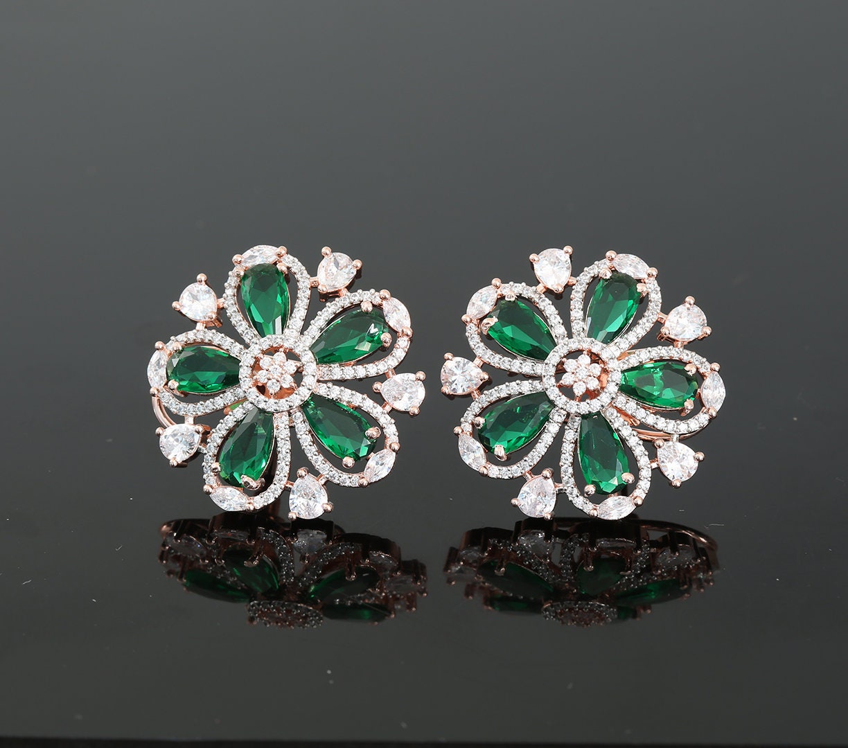 Rose Gold Plated American Diamond and CZ Floral Design Fashion Clip on Stud Tops|Wedding Earrings|Traditional Indian Bollywood Stud Earrings