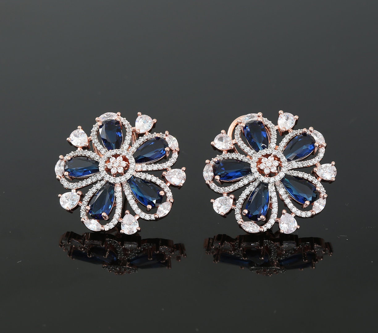 Rose Gold Plated American Diamond and CZ Floral Design Fashion Clip on Stud Tops|Wedding Earrings|Traditional Indian Bollywood Stud Earrings