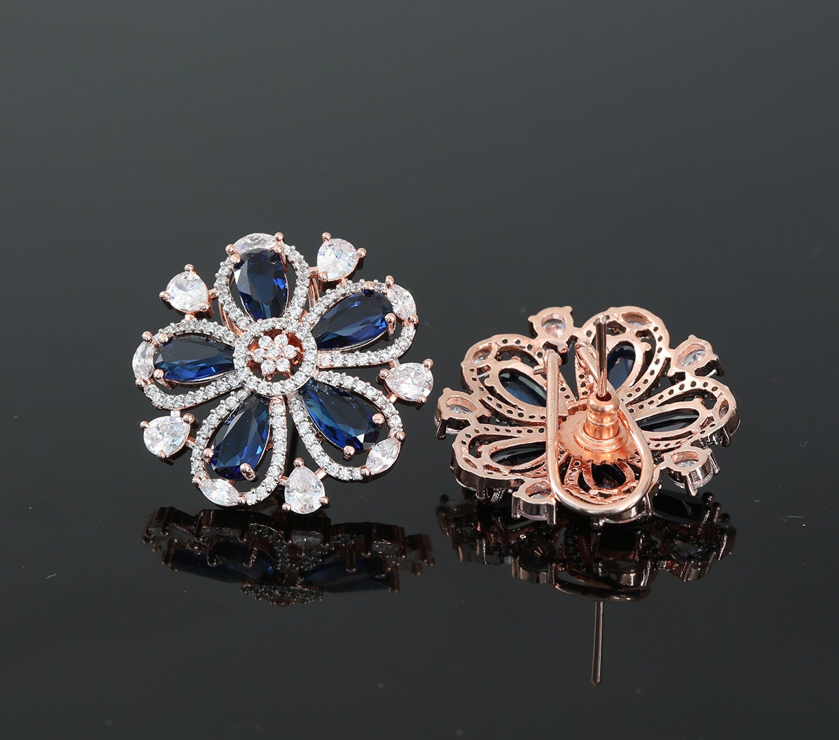 Rose Gold Plated American Diamond and CZ Floral Design Fashion Clip on Stud Tops|Wedding Earrings|Traditional Indian Bollywood Stud Earrings