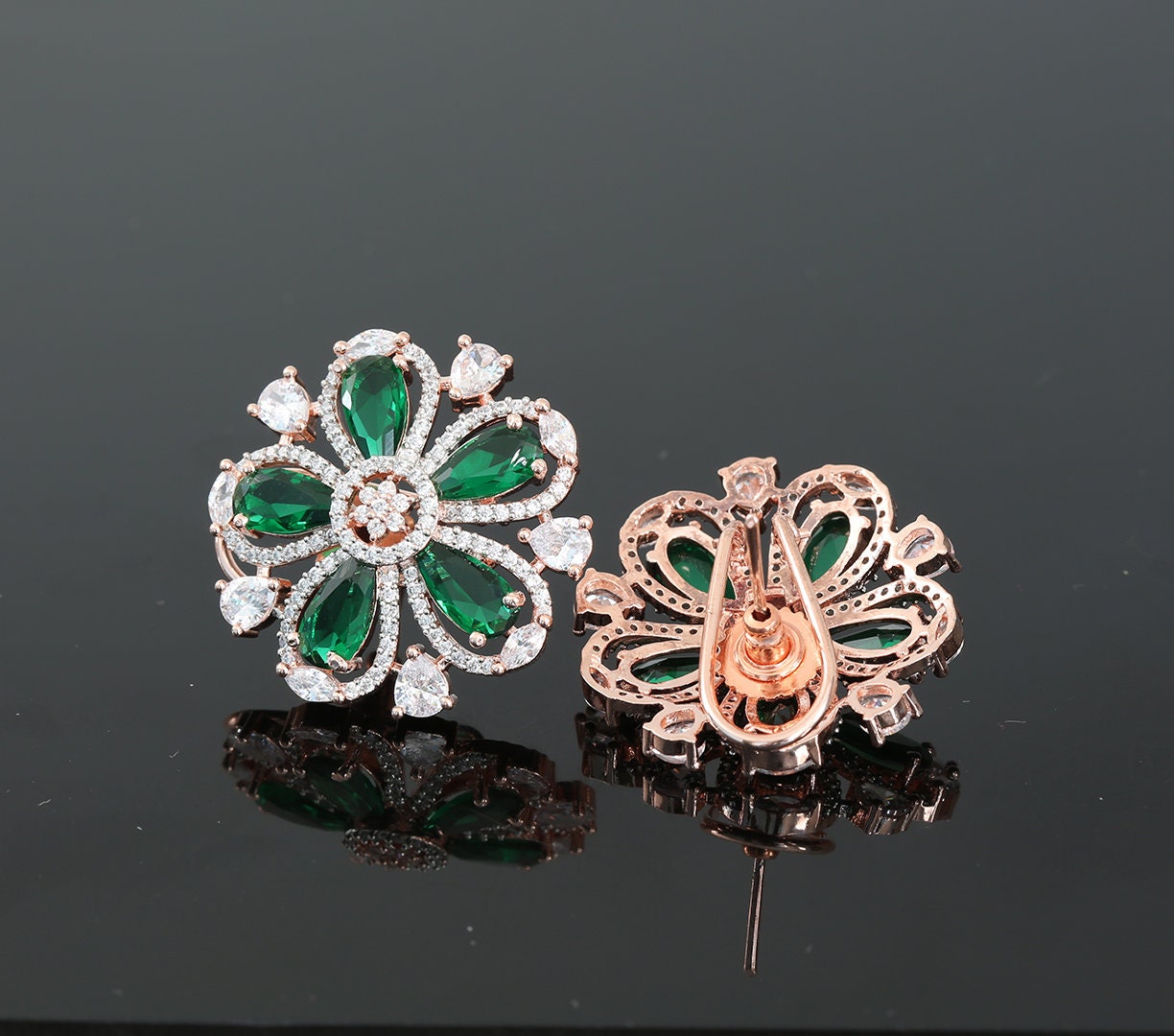 Rose Gold Plated American Diamond and CZ Floral Design Fashion Clip on Stud Tops|Wedding Earrings|Traditional Indian Bollywood Stud Earrings