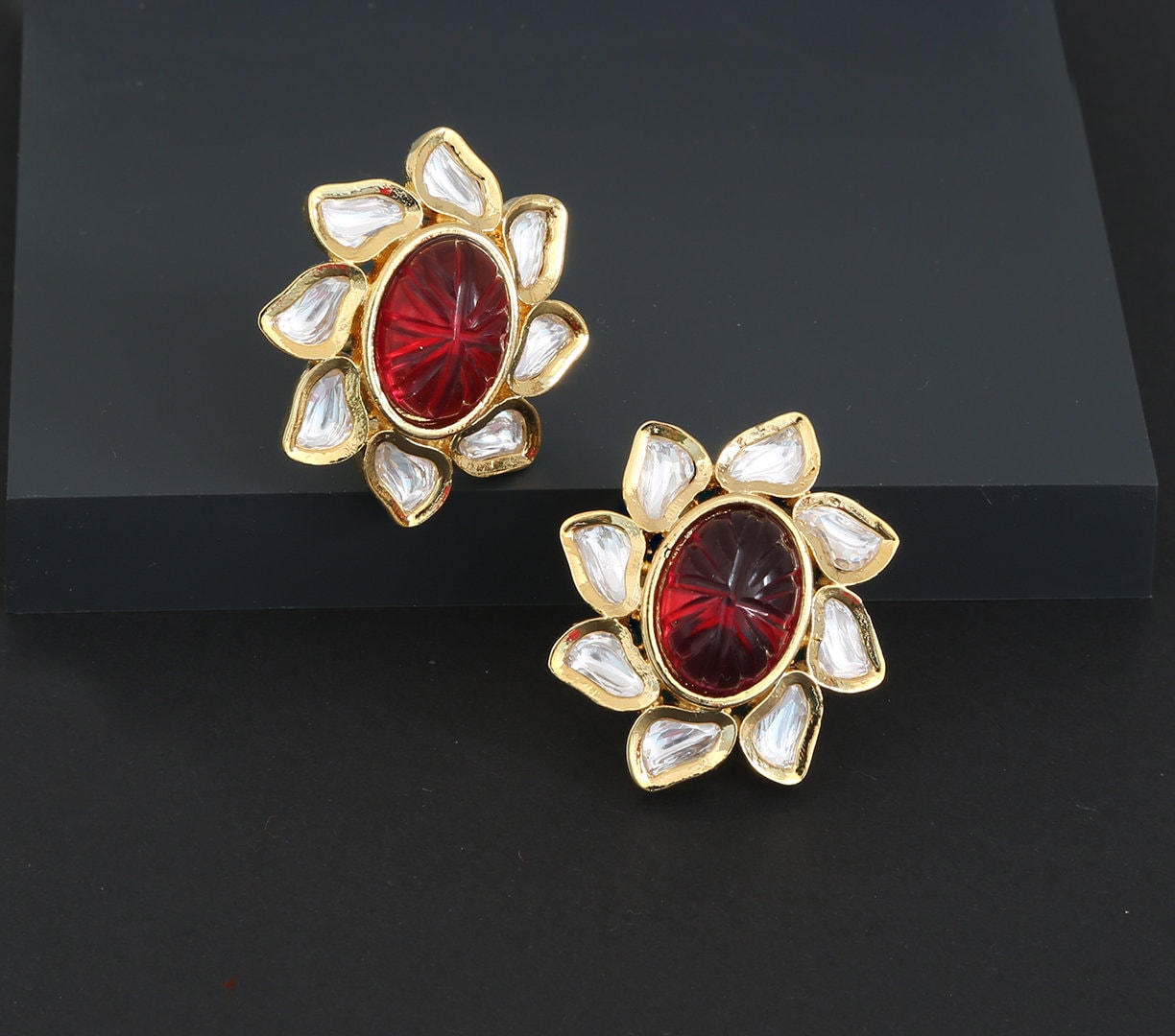 Indian Kundan hand Carved Gold plated Gemstone Stud Earrings