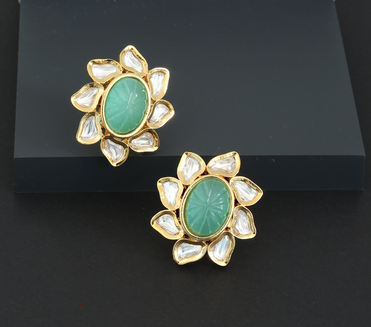 Indian Kundan hand Carved Gold plated Gemstone Stud Earrings