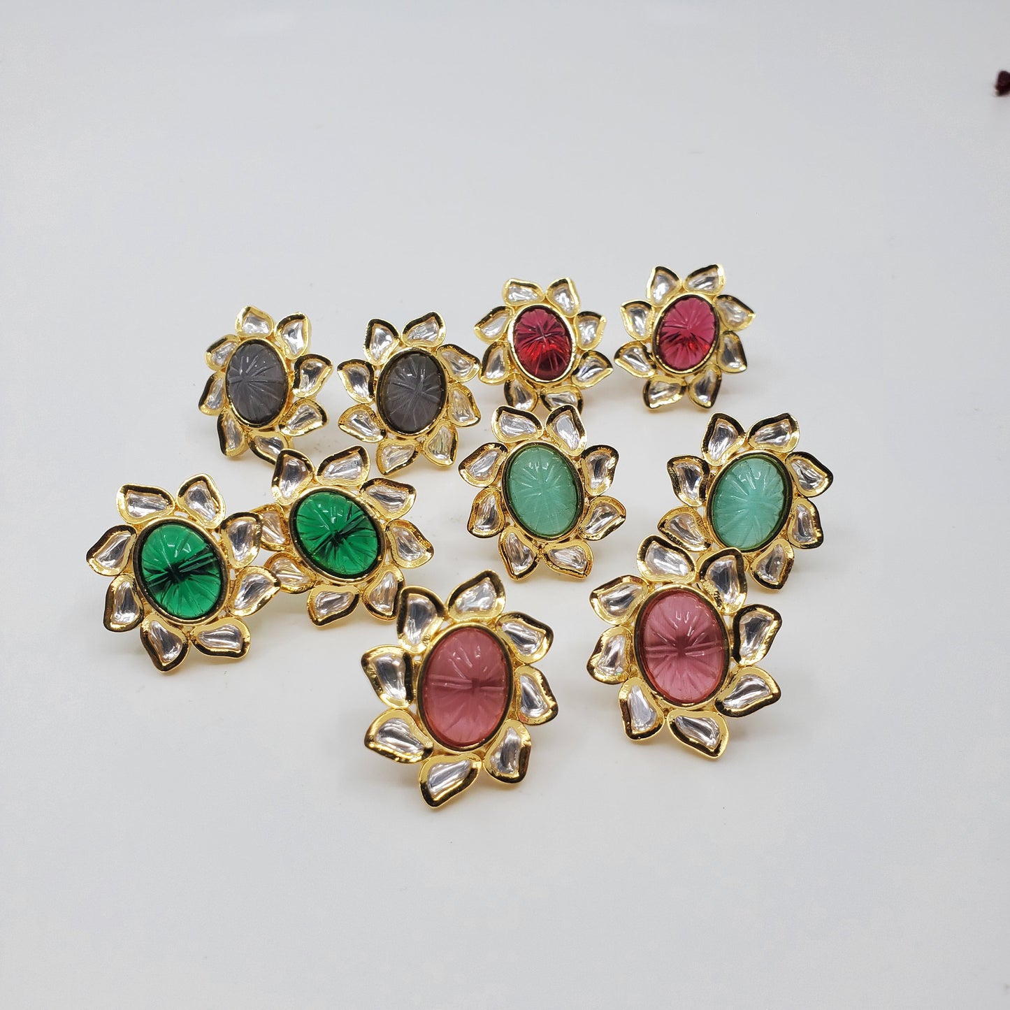 Indian Kundan hand Carved Gold plated Gemstone Stud Earrings