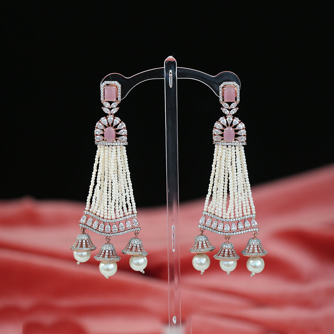 Rose Gold Plated White AD Stones Traditional Triple Jhumka Hanging Earrings|Diamond Jhumkas|Traditional Earrings