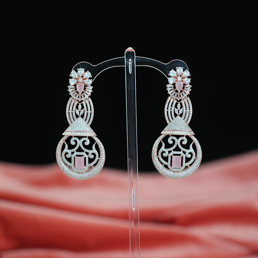 Rose Gold Plated American Diamond Chandelier Earrings| Indian Bollywood Style fashion party wear Jewelry| AD Chandbali Earrings|Gift For her