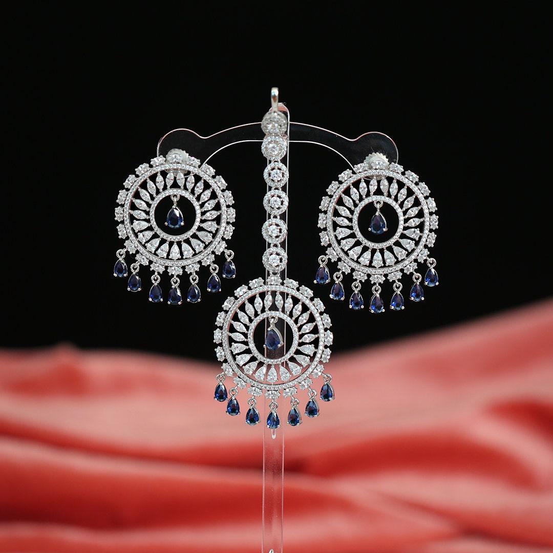 Wedding Wear Clear CZ and American Diamonds Round Earrings with Maang Tikka|Traditional Bollywood Indian Chandbali earrings|Bridal Jewelry