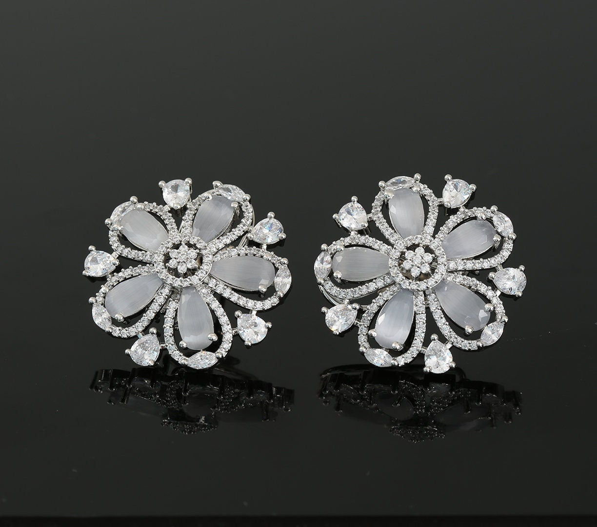 Rhodium Plated American Diamond and CZ Floral Design Fashion Clip on Stud Tops|Flower Shape Ladies Fashion Stud Earrings|Indian Jewelry
