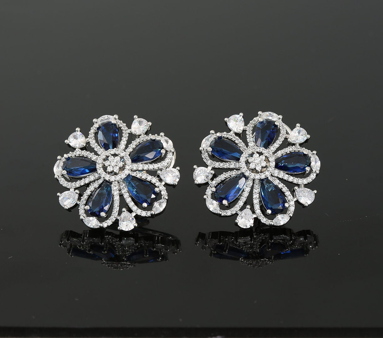 Rhodium Plated American Diamond and CZ Floral Design Fashion Clip on Stud Tops|Flower Shape Ladies Fashion Stud Earrings|Indian Jewelry