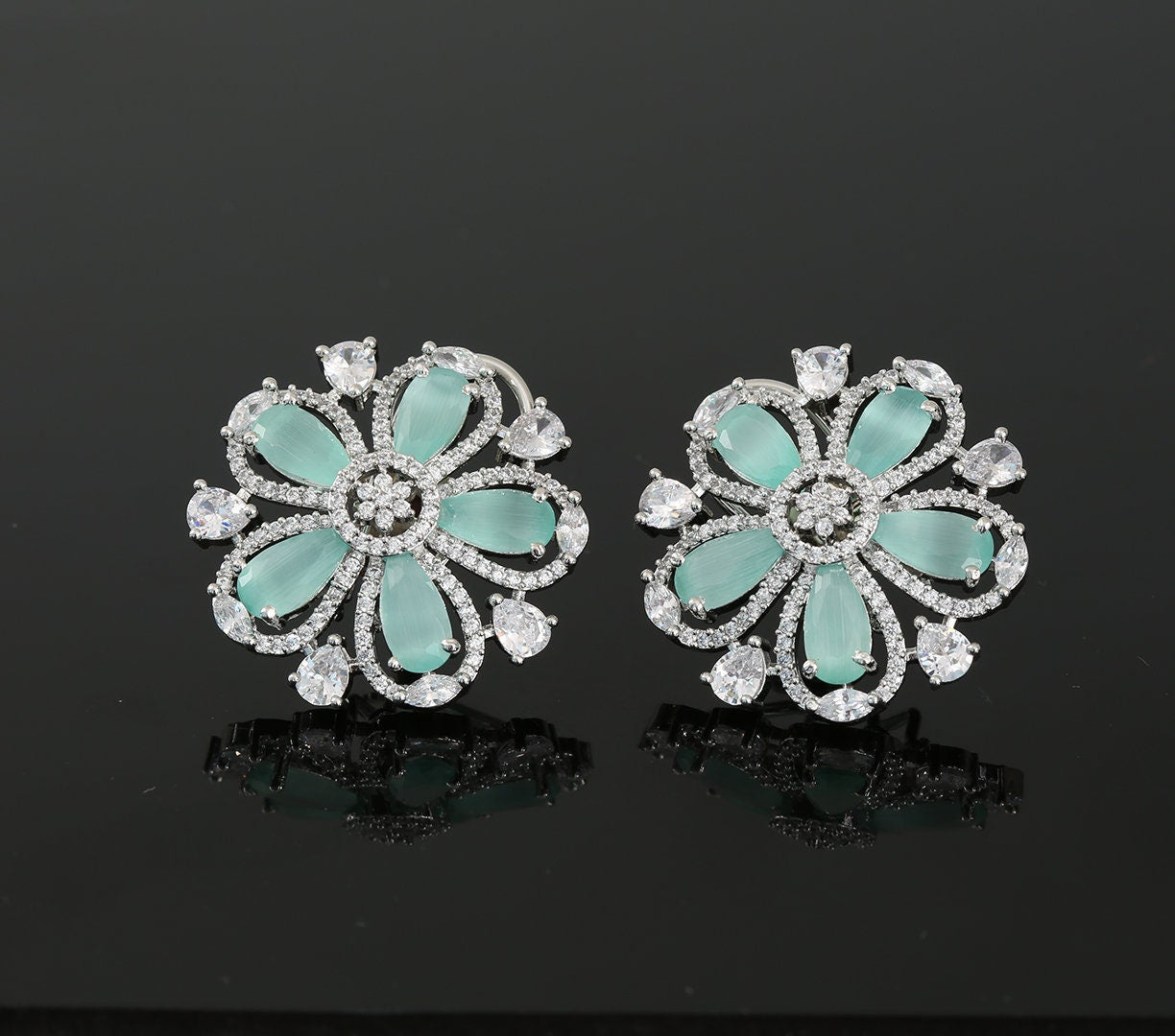 Rhodium Plated American Diamond and CZ Floral Design Fashion Clip on Stud Tops|Flower Shape Ladies Fashion Stud Earrings|Indian Jewelry