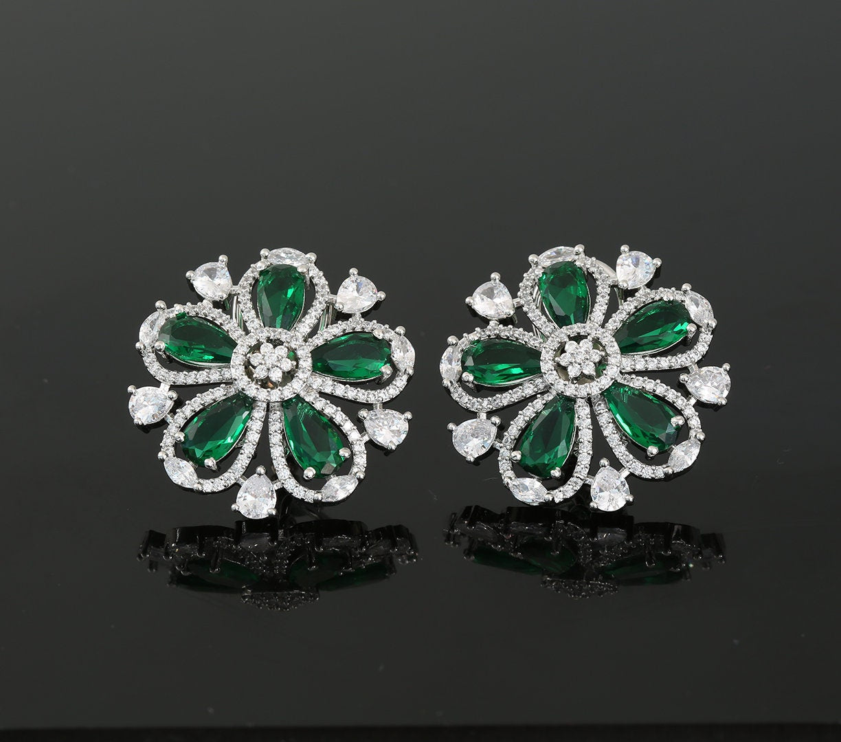 Rhodium Plated American Diamond and CZ Floral Design Fashion Clip on Stud Tops|Flower Shape Ladies Fashion Stud Earrings|Indian Jewelry