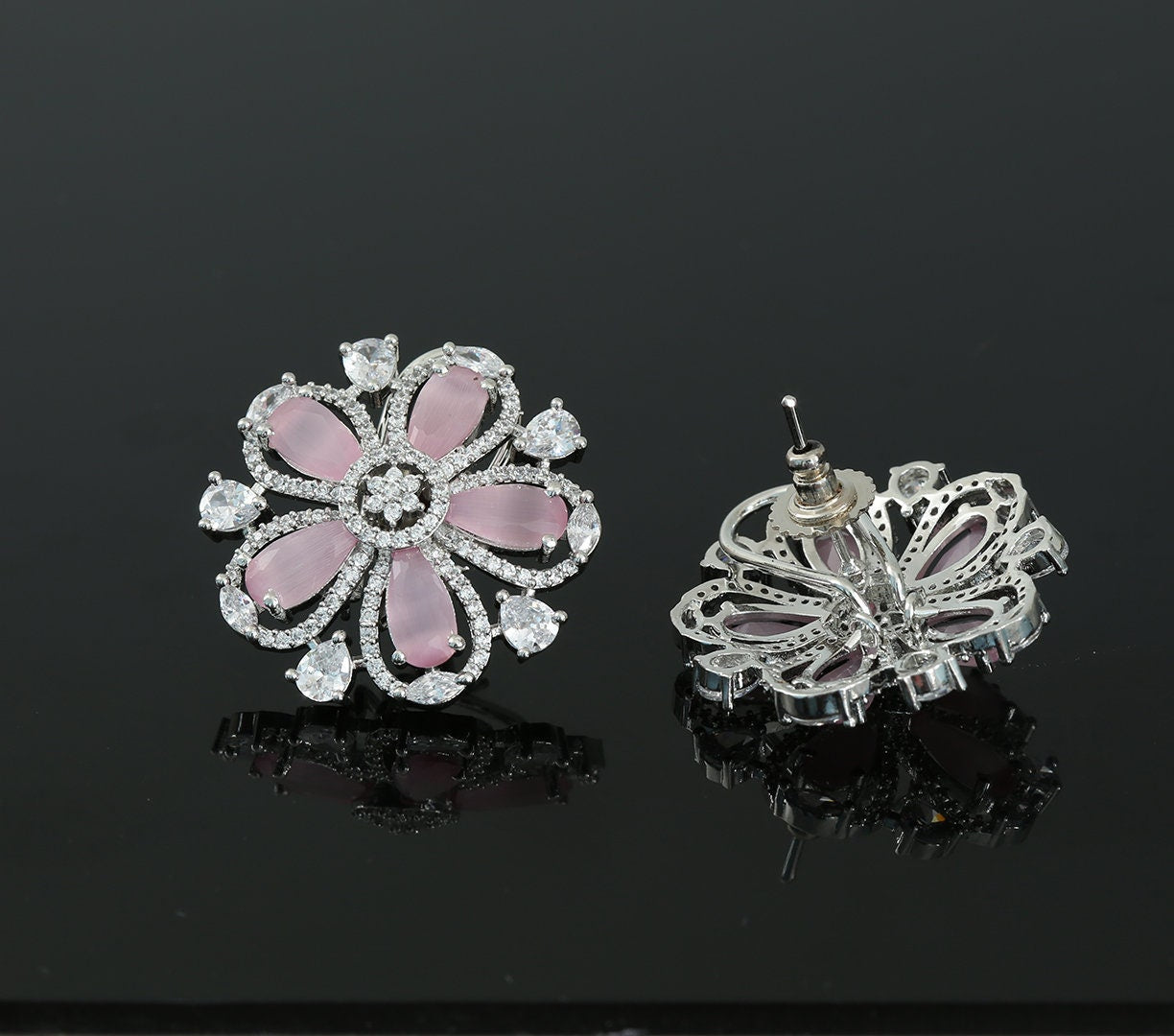 Rhodium Plated American Diamond and CZ Floral Design Fashion Clip on Stud Tops|Flower Shape Ladies Fashion Stud Earrings|Indian Jewelry