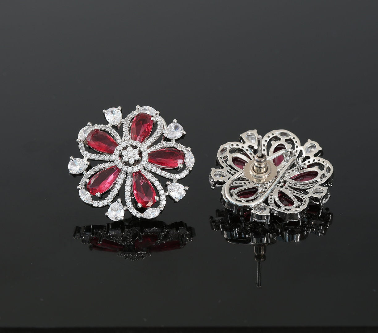 Rhodium Plated American Diamond and CZ Floral Design Fashion Clip on Stud Tops|Flower Shape Ladies Fashion Stud Earrings|Indian Jewelry