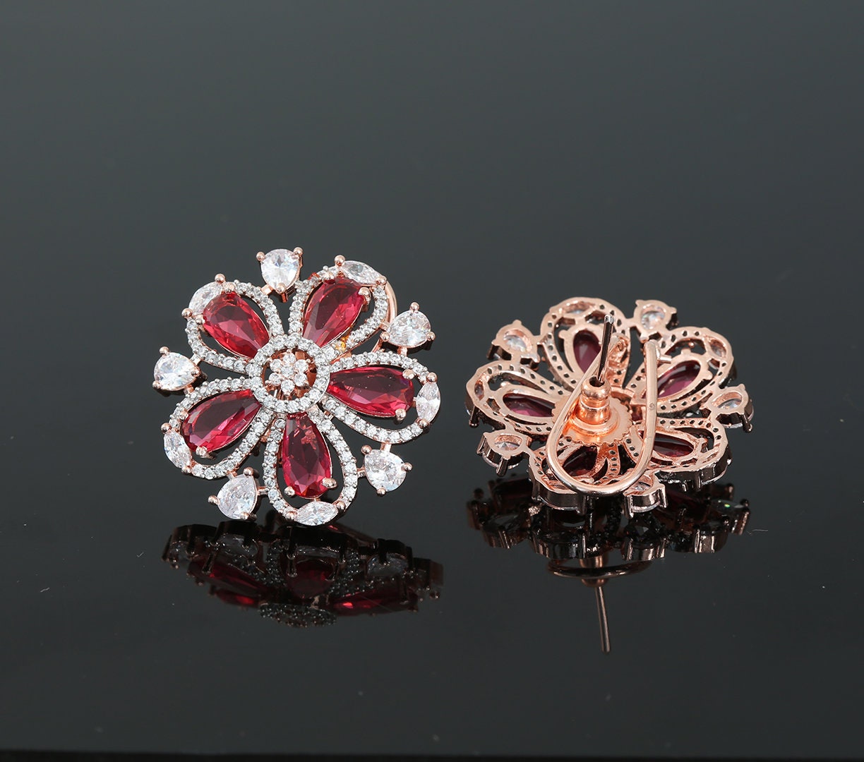 Rose Gold Plated American Diamond and CZ Floral Design Fashion Clip on Stud Tops|Wedding Earrings|Traditional Indian Bollywood Stud Earrings