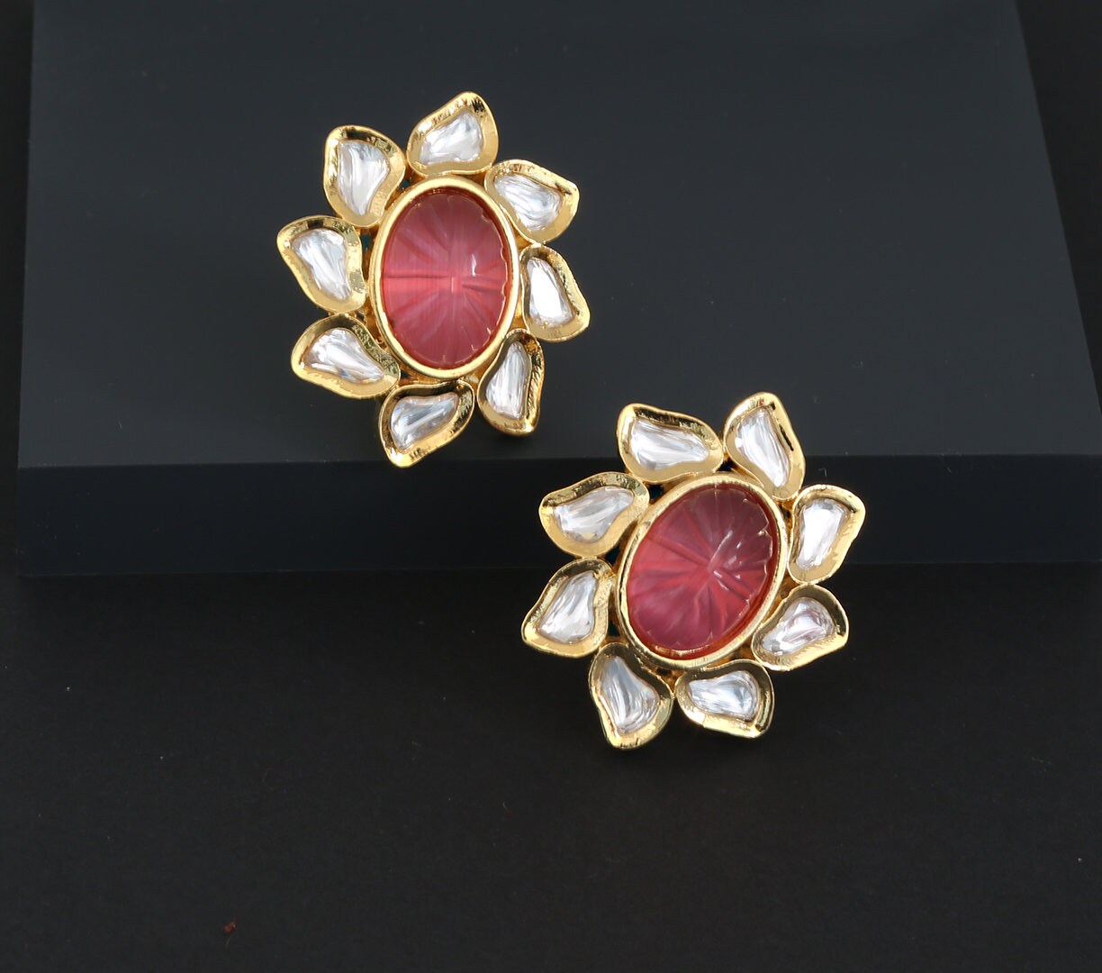 Indian Kundan hand Carved Gold plated Gemstone Stud Earrings