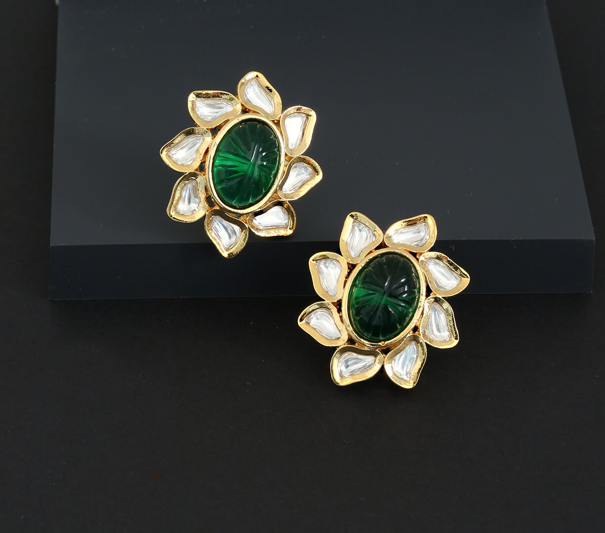 Indian Kundan hand Carved Gold plated Gemstone Stud Earrings