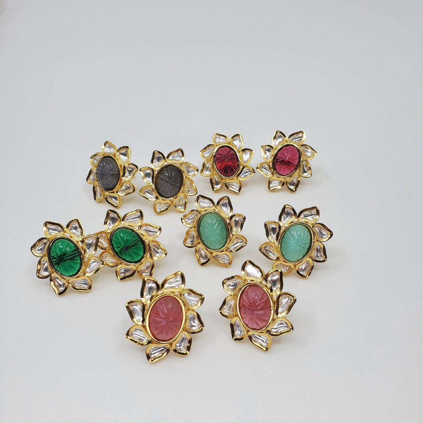 Indian Kundan hand Carved Gold plated Gemstone Stud Earrings