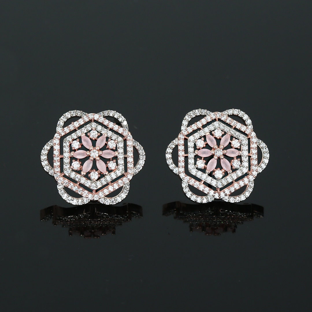 Stunning Gold Rose Stud Earrings with paved diamonds | Two Tone Rose Gold & Silver polish Large Flower Earrings | Color Stone flower studs