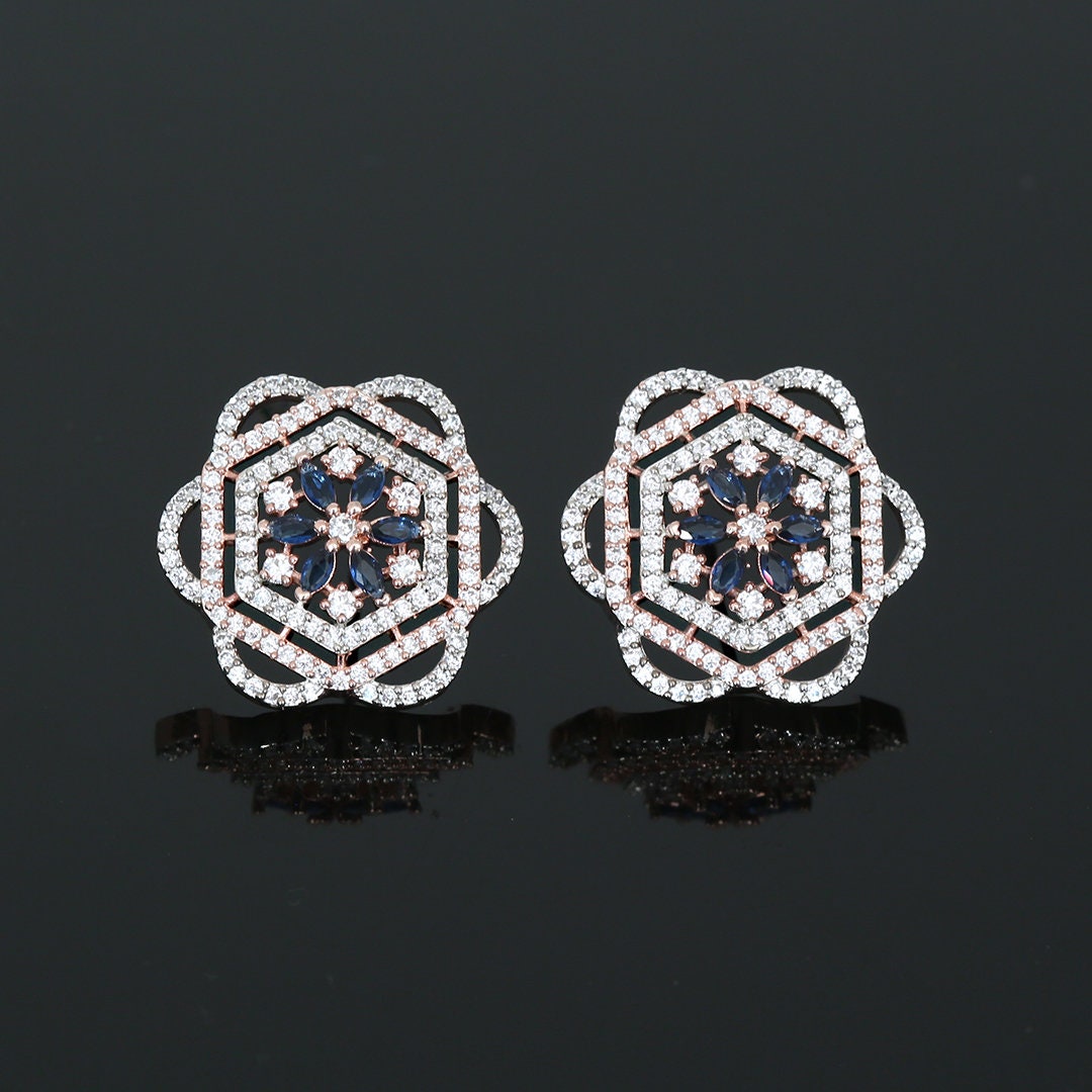 Stunning Gold Rose Stud Earrings with paved diamonds | Two Tone Rose Gold & Silver polish Large Flower Earrings | Color Stone flower studs