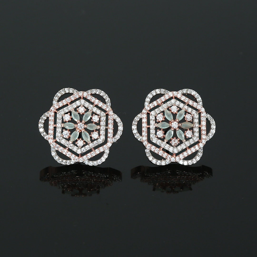 Stunning Gold Rose Stud Earrings with paved diamonds | Two Tone Rose Gold & Silver polish Large Flower Earrings | Color Stone flower studs