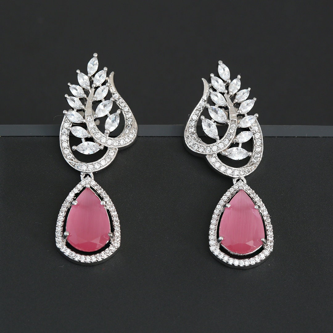 Luxury Diamond Pear Tear Drop CZ Earrings | Diamond leaf Color stone Fruit earrings | American Diamond Designer Wedding bridal Earrings