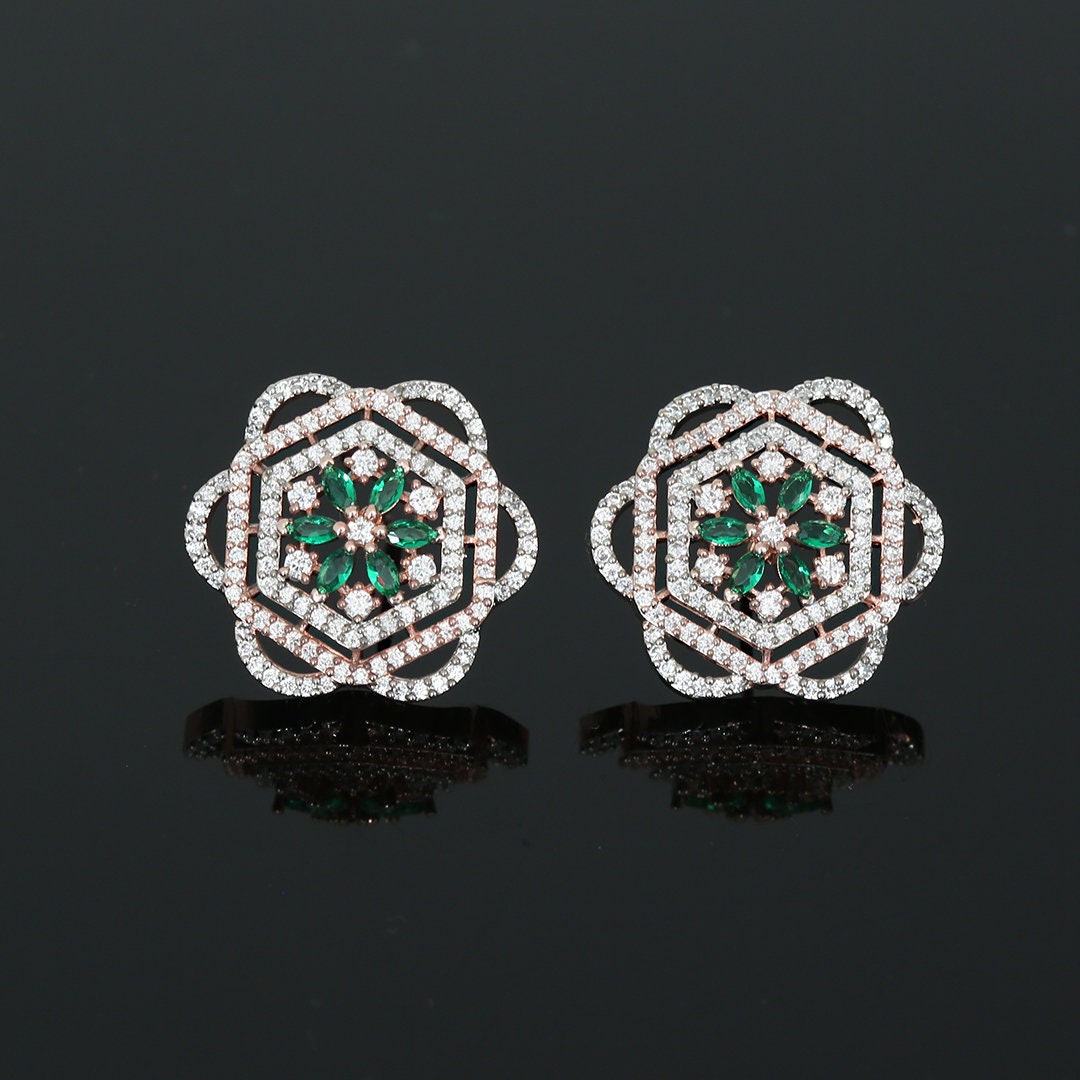 Stunning Gold Rose Stud Earrings with paved diamonds | Two Tone Rose Gold & Silver polish Large Flower Earrings | Color Stone flower studs