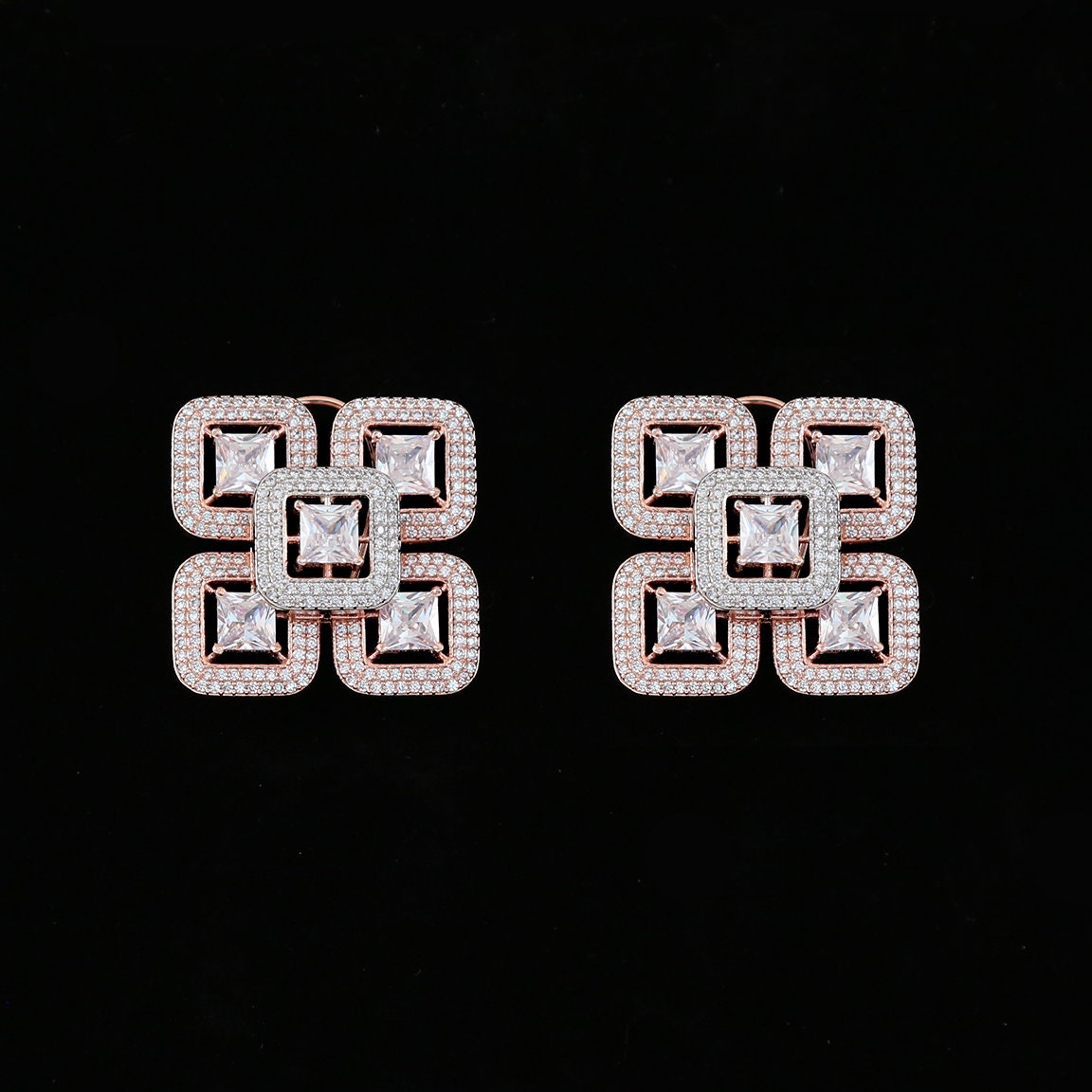 Stud earrings for women | Geometric square cluster stud earrings in rose-gold Finish |Big Indian Ruby stud earrings designs |Dual Tone Studs