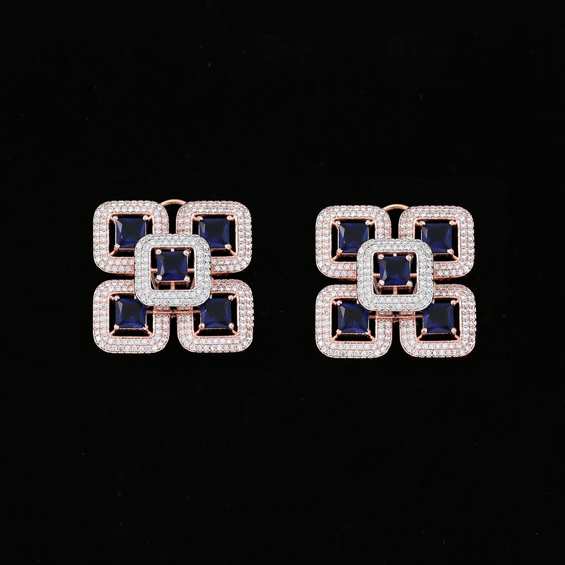 Stud earrings for women | Geometric square cluster stud earrings in rose-gold Finish |Big Indian Ruby stud earrings designs |Dual Tone Studs