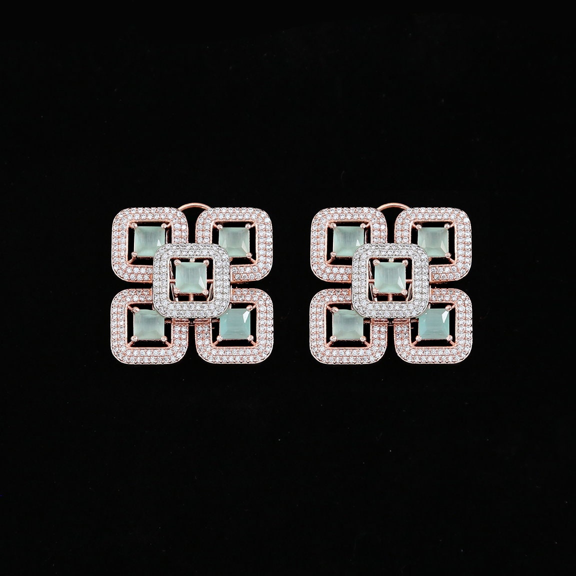 Stud earrings for women | Geometric square cluster stud earrings in rose-gold Finish |Big Indian Ruby stud earrings designs |Dual Tone Studs