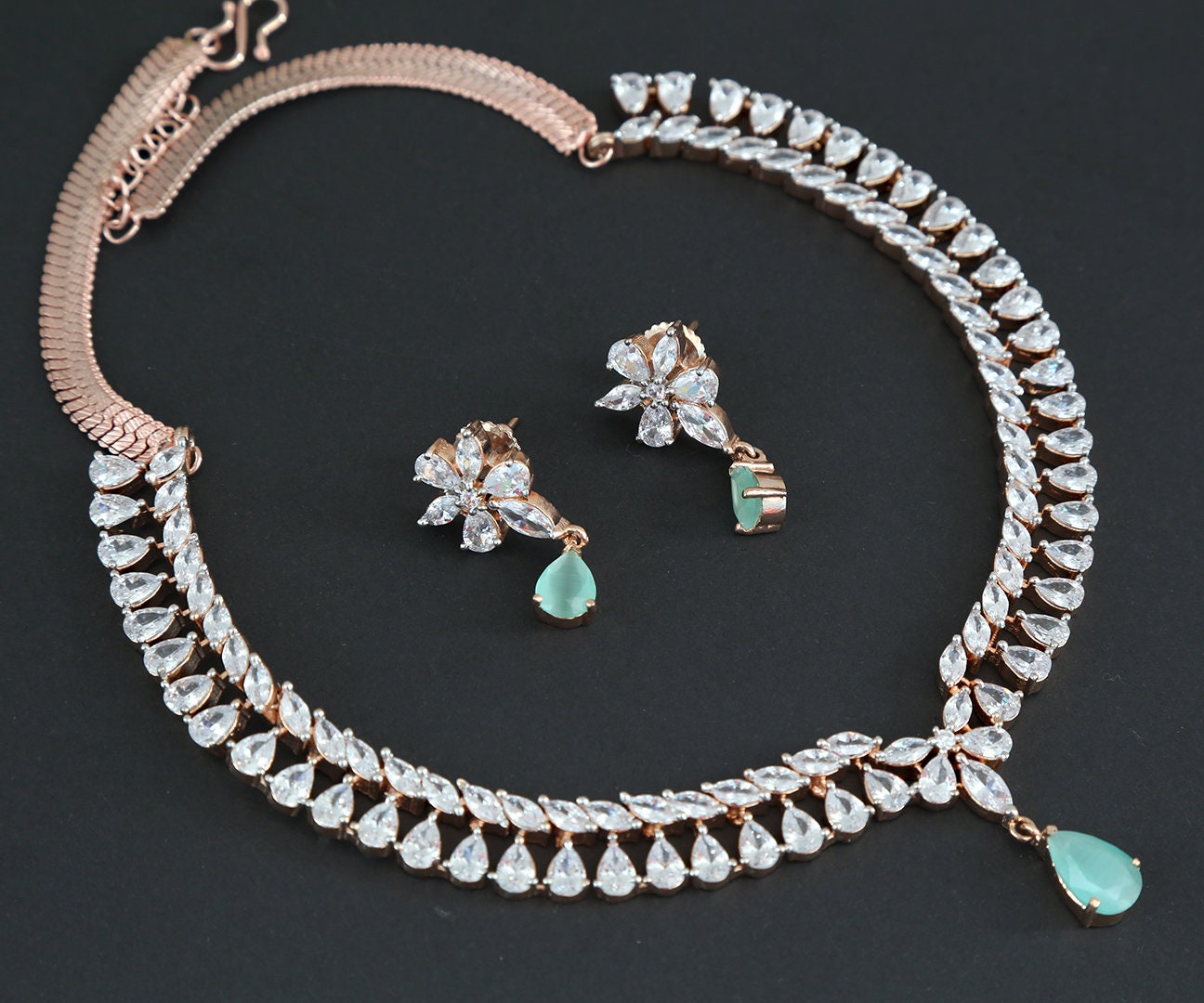 Teardrop necklace and earring set Rose gold jewelry Designs | Simple choker set with American diamond stones | Punjabi necklace shopping