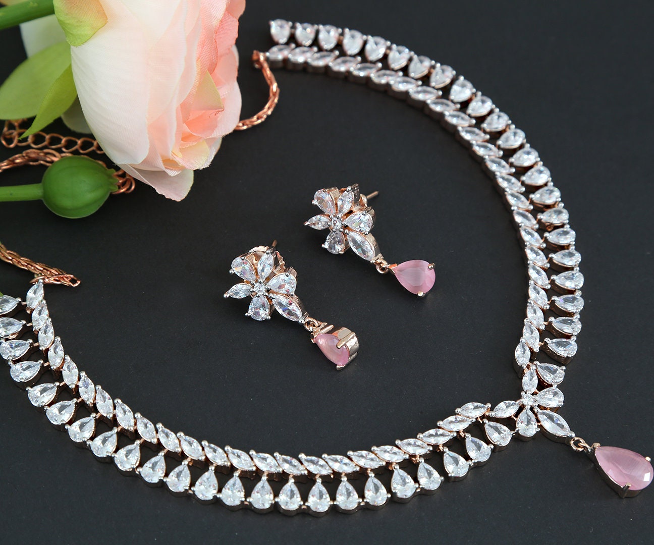 Teardrop necklace and earring set Rose gold jewelry Designs | Simple choker set with American diamond stones | Punjabi necklace shopping