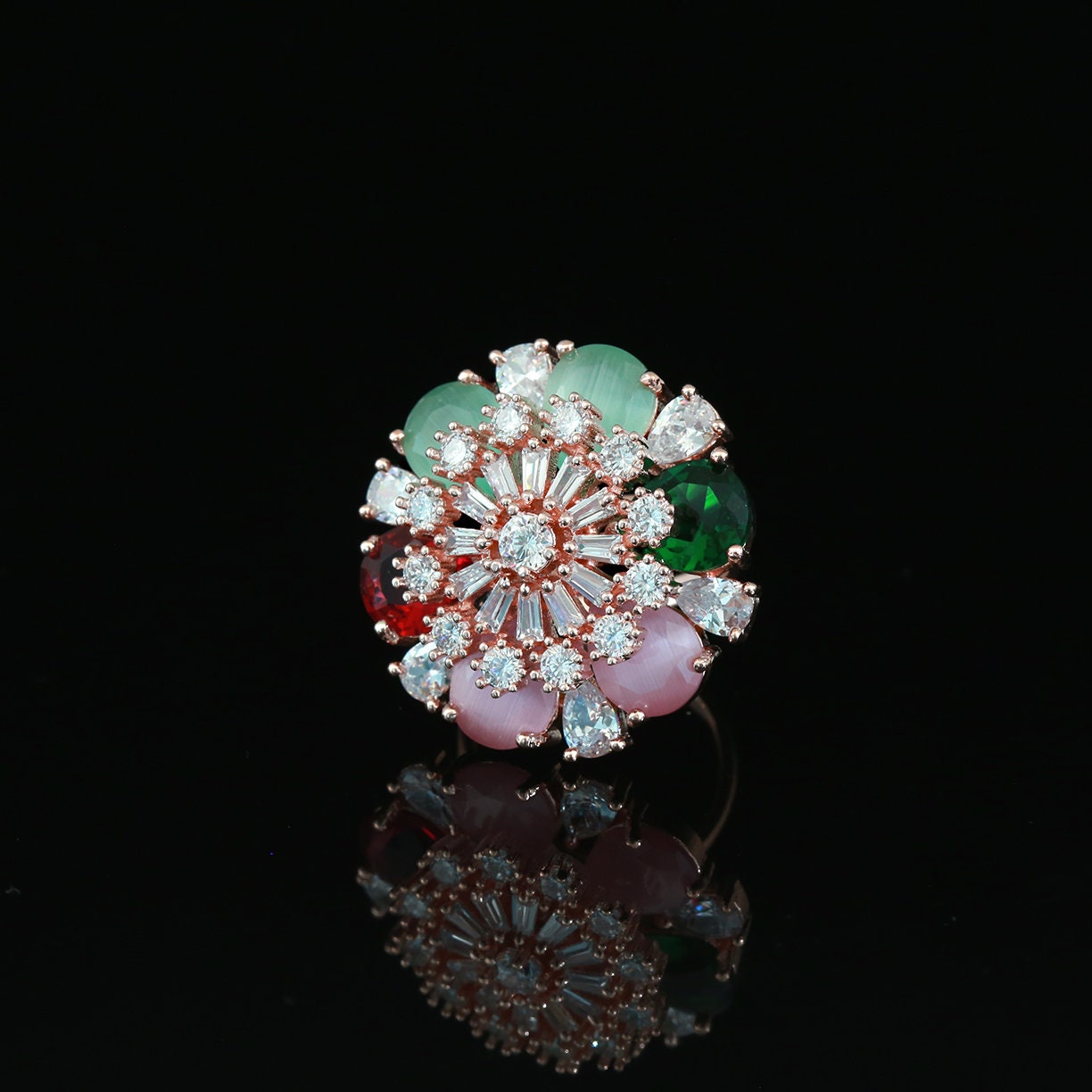 Shop Beautiful Designer Rings | Rose Gold Rings for Woman | Rings Gift for Her | Trending Fashion Jewelry CZ Color stone Flower Design rings