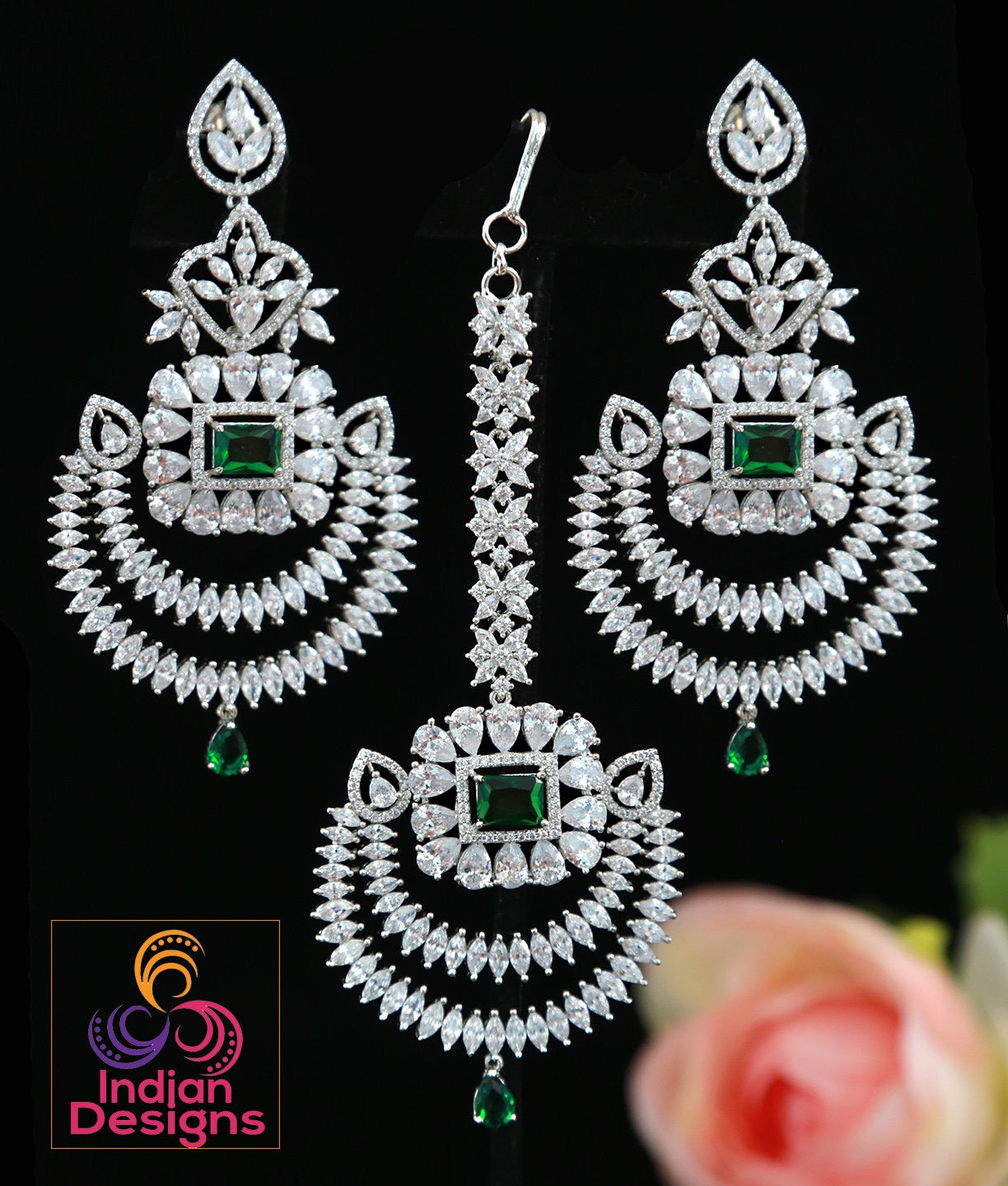 Chandbali crystal earrings tikka set Silver tone - Cz Color Stones | Punjabi earrings with maang tikka wedding | Indian Designs collection